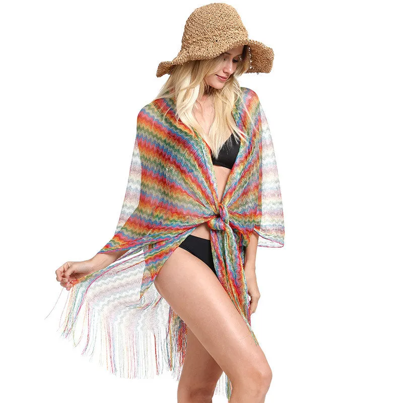 Ethnic Style Shawl, Colorful Slit Beach Scarf, Tassel Scarf