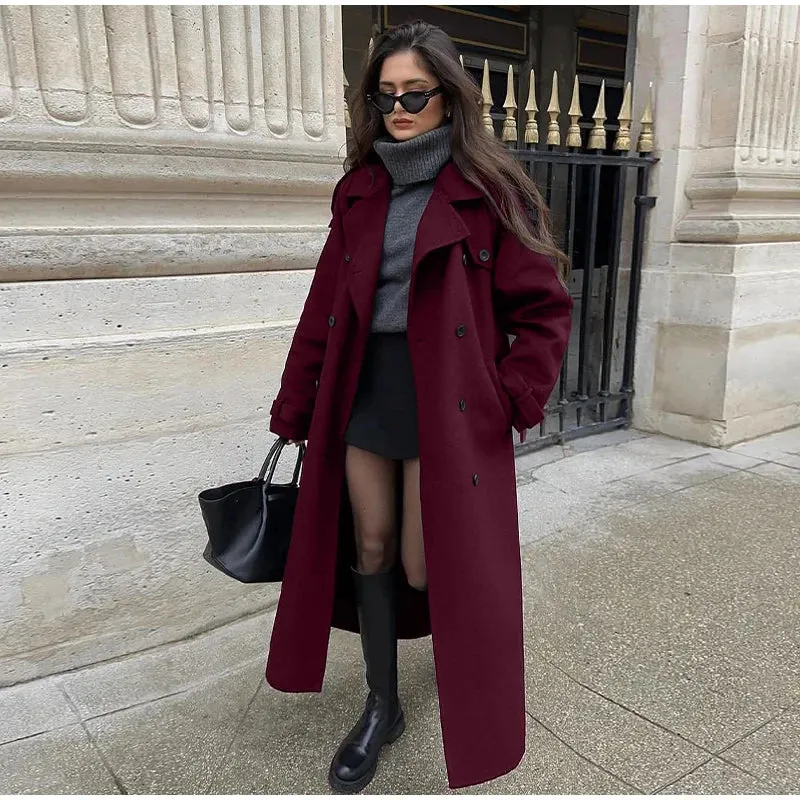 Fashionkova Woolen Belts Double Breasted Long Coat Women Turn-down Collar Casual Pocket Chic Elegant Outwear 2024 Winter Street Lady Jacket