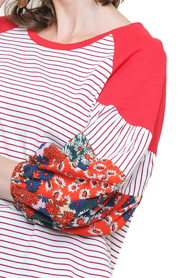 Floral & Striped Colorblock Top