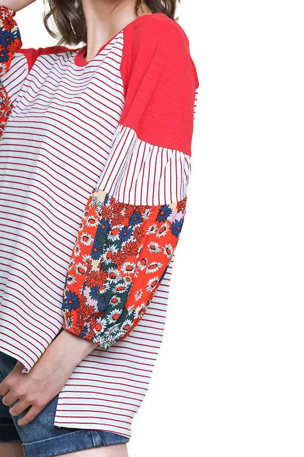 Floral & Striped Colorblock Top