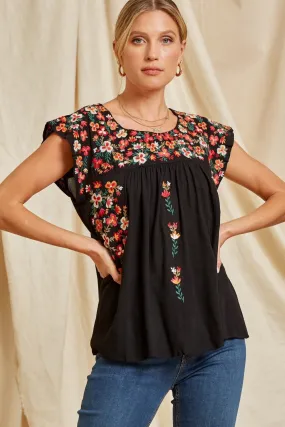 Flutter Sleeve Embroidered Top, Black