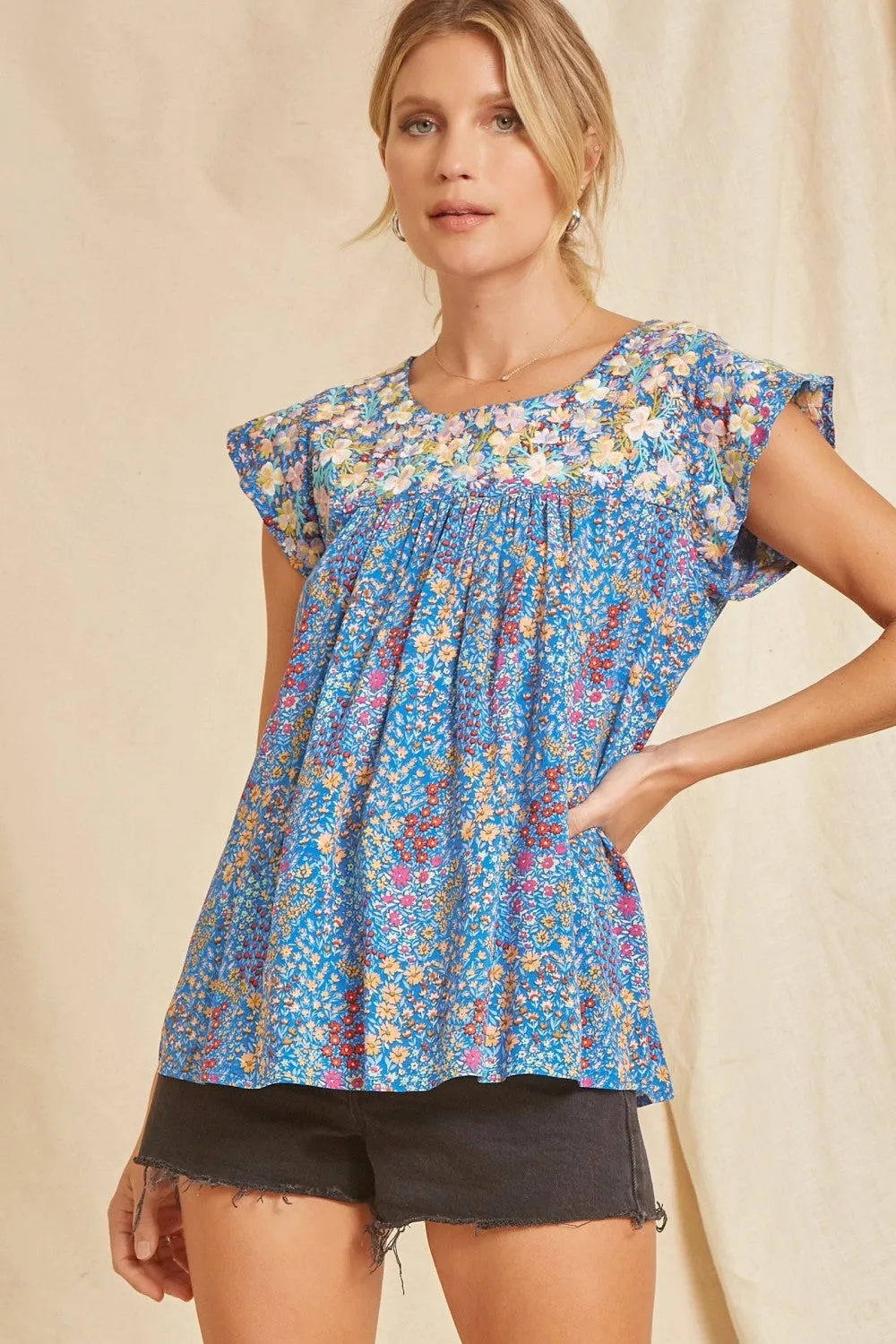 Flutter Sleeve Embroidered Top, Royal