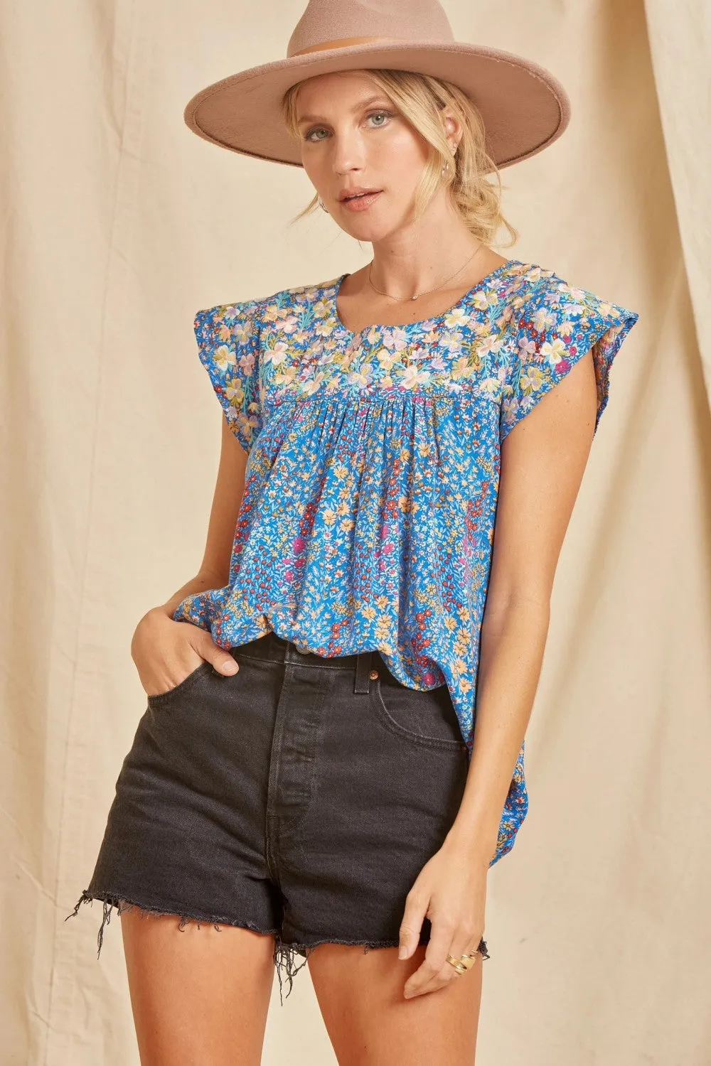 Flutter Sleeve Embroidered Top, Royal