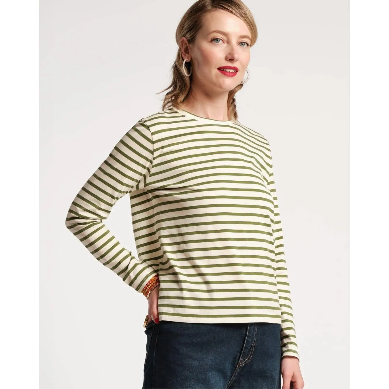 Frances Valentine Long Sleeve Striped Tee Shirt Oyster Green