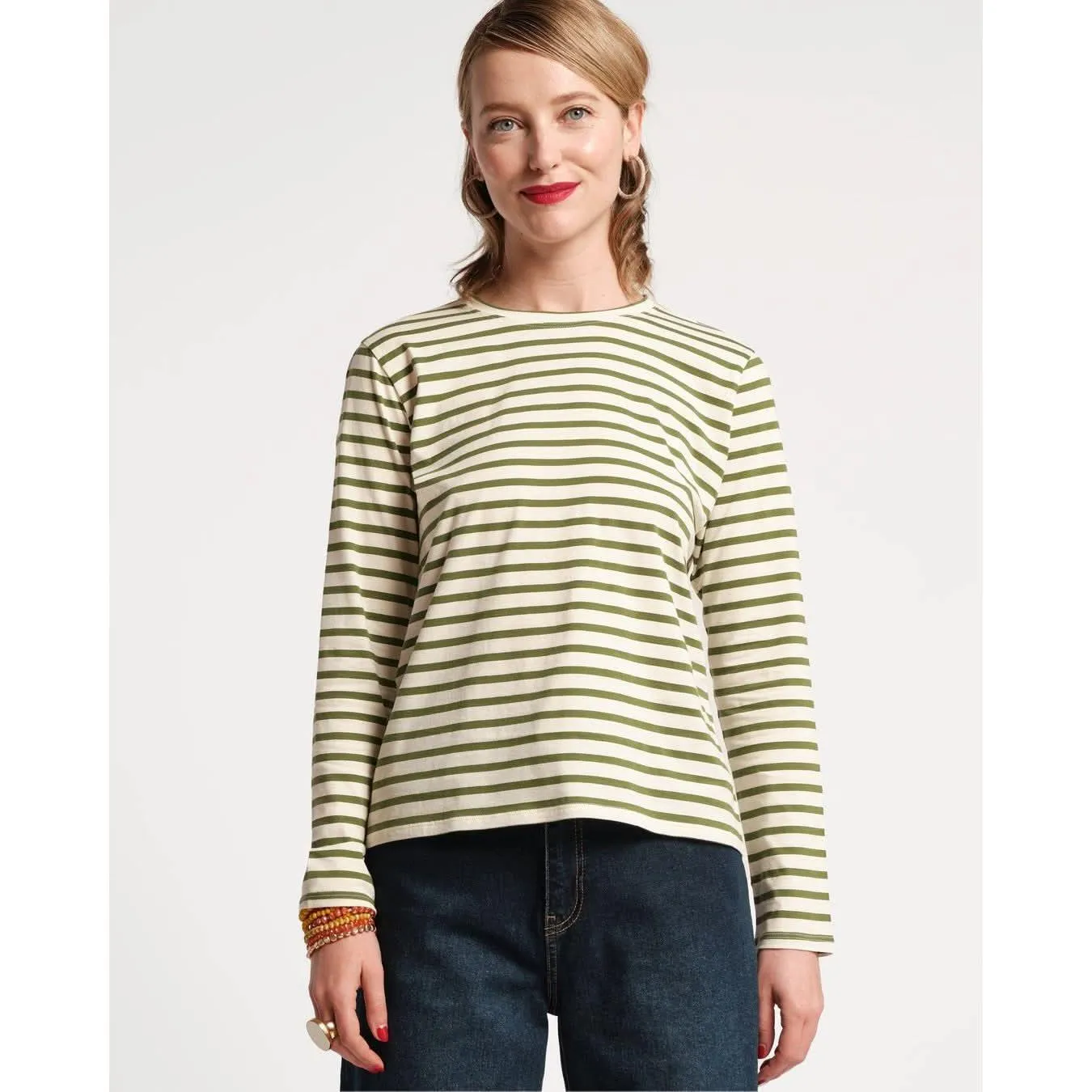 Frances Valentine Long Sleeve Striped Tee Shirt Oyster Green