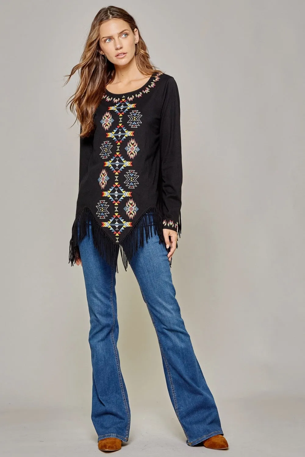 Geo Embroidered Fringe Top