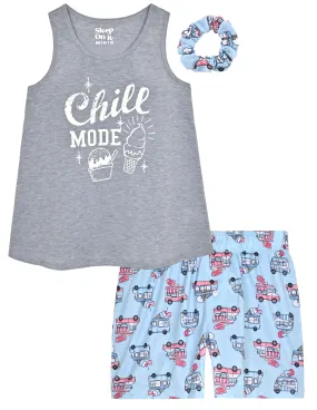 Girls 2-Piece Sleeveless Tank-Top Jersey Pajama Shorts Set with Hair Scrunchie- Chill Mode.