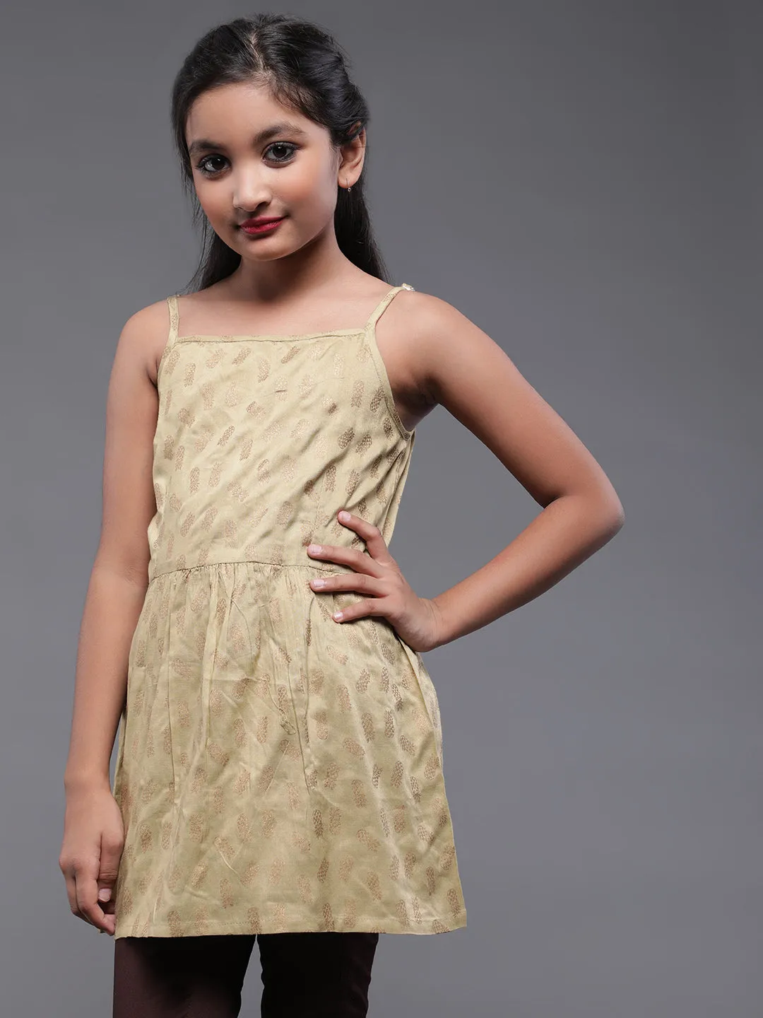 Girl's Beige Gold Printed Tunic - Aks Girls