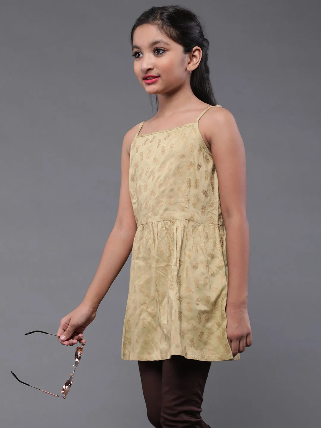 Girl's Beige Gold Printed Tunic - Aks Girls