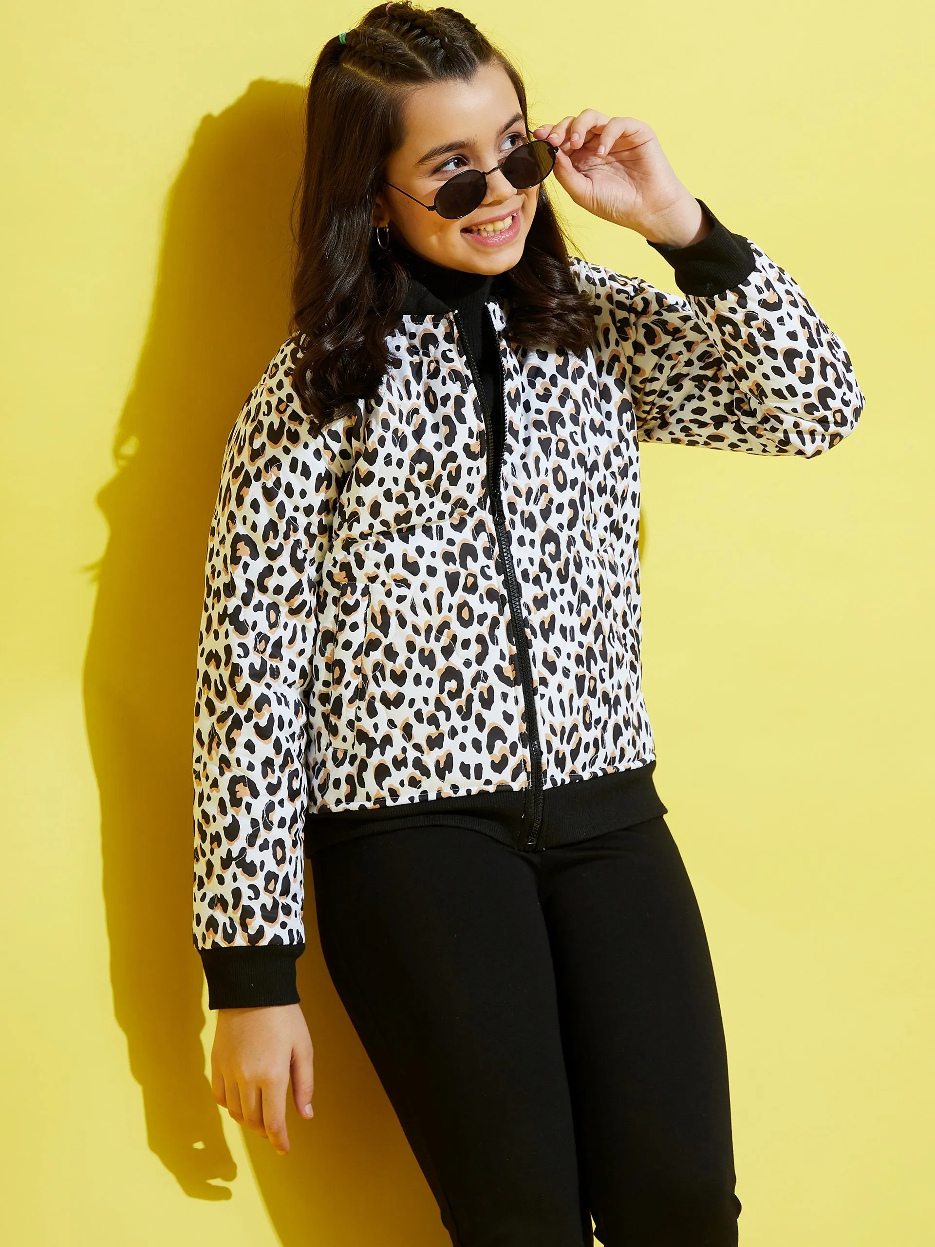 Girls White Leopard Quilted Bomber Jacket