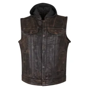 HMM914HDB Vance Leather Distressed Brown Motorcycle Club Leather Vest with Hoodie