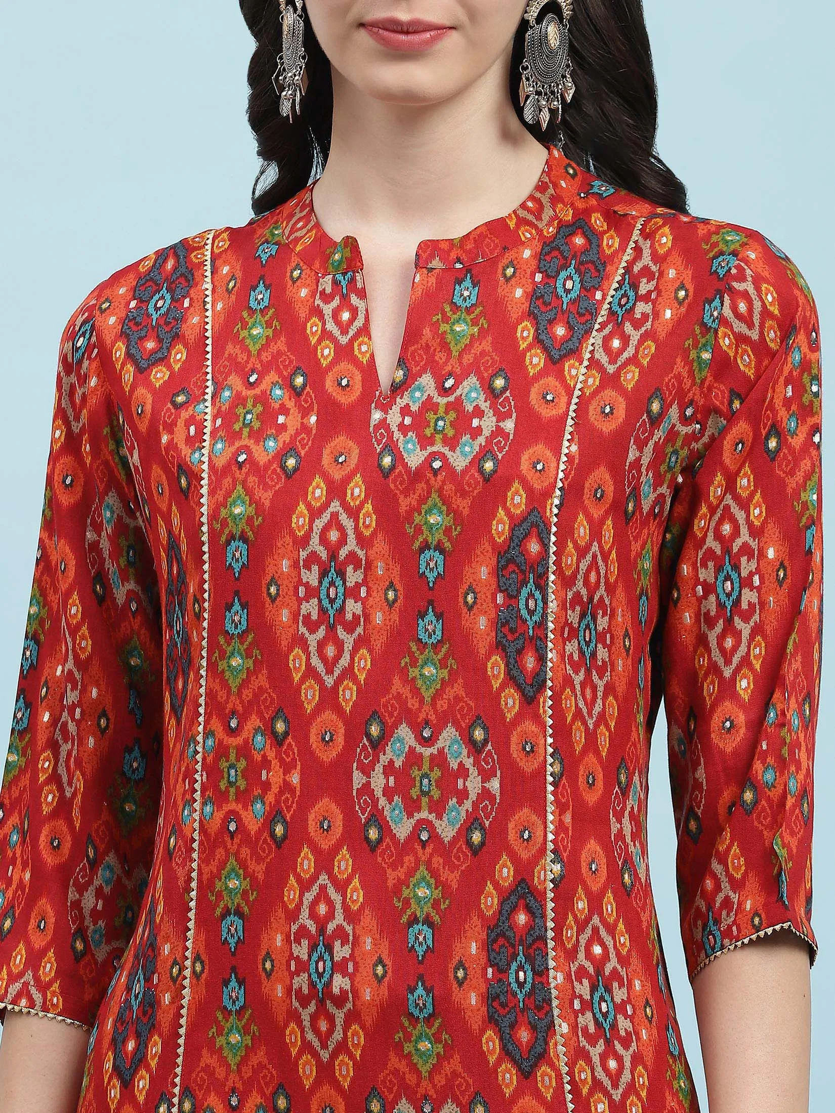 Indiessence Red Aztec Printed Kurta