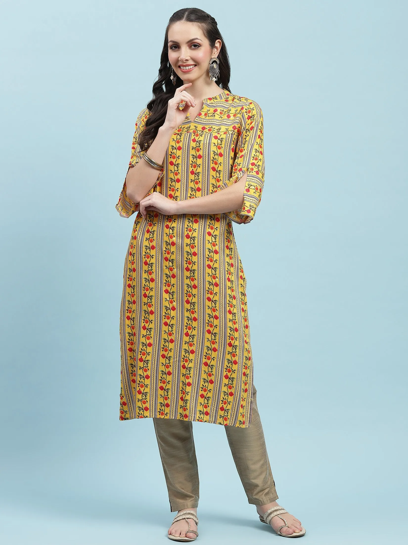 Indiessence Yellow Floral Printed Kurta