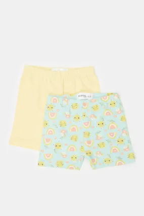 Infant Girls Yellow And Mint Print Shorts (Pack of 2)