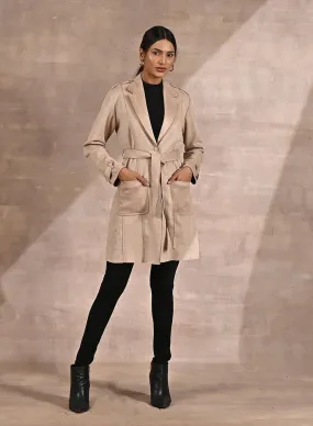 Ivory Stylish Suede Coat with Front Pocket & Notched Collar