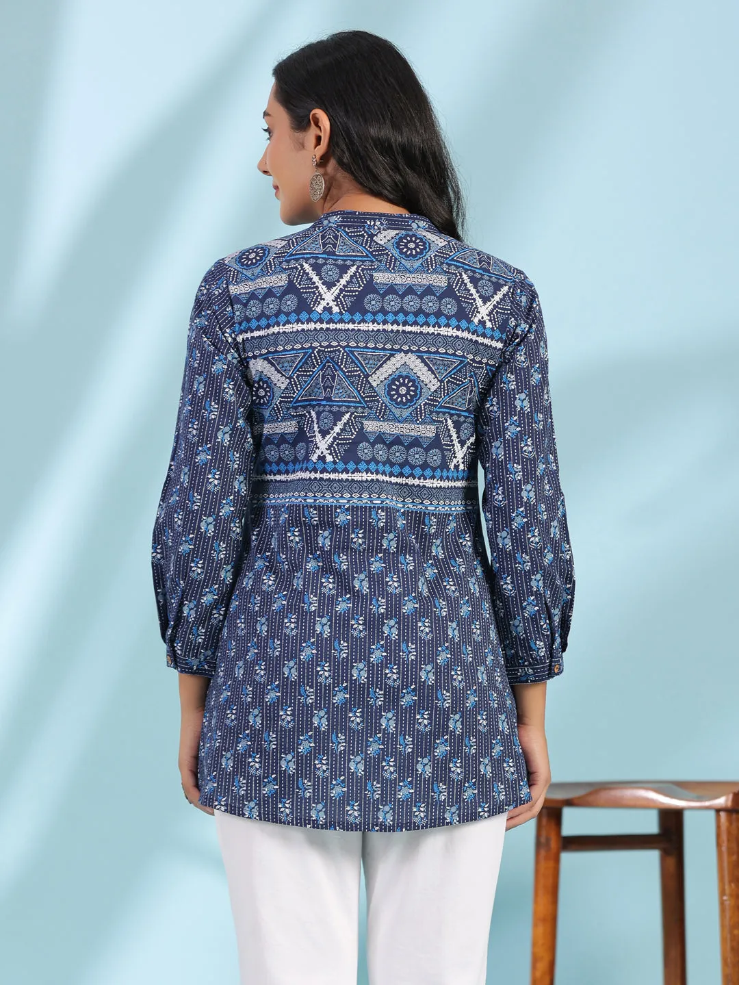 Jashvi The Madhubala Blue Geometric Printed Pure Cotton Tunic