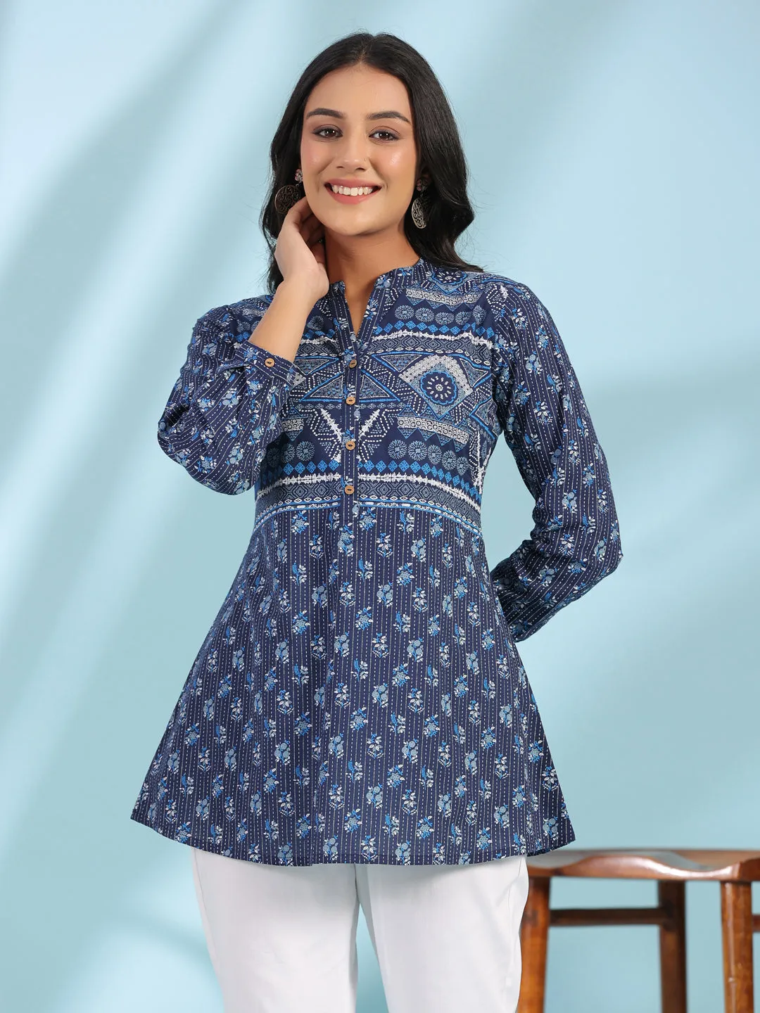 Jashvi The Madhubala Blue Geometric Printed Pure Cotton Tunic