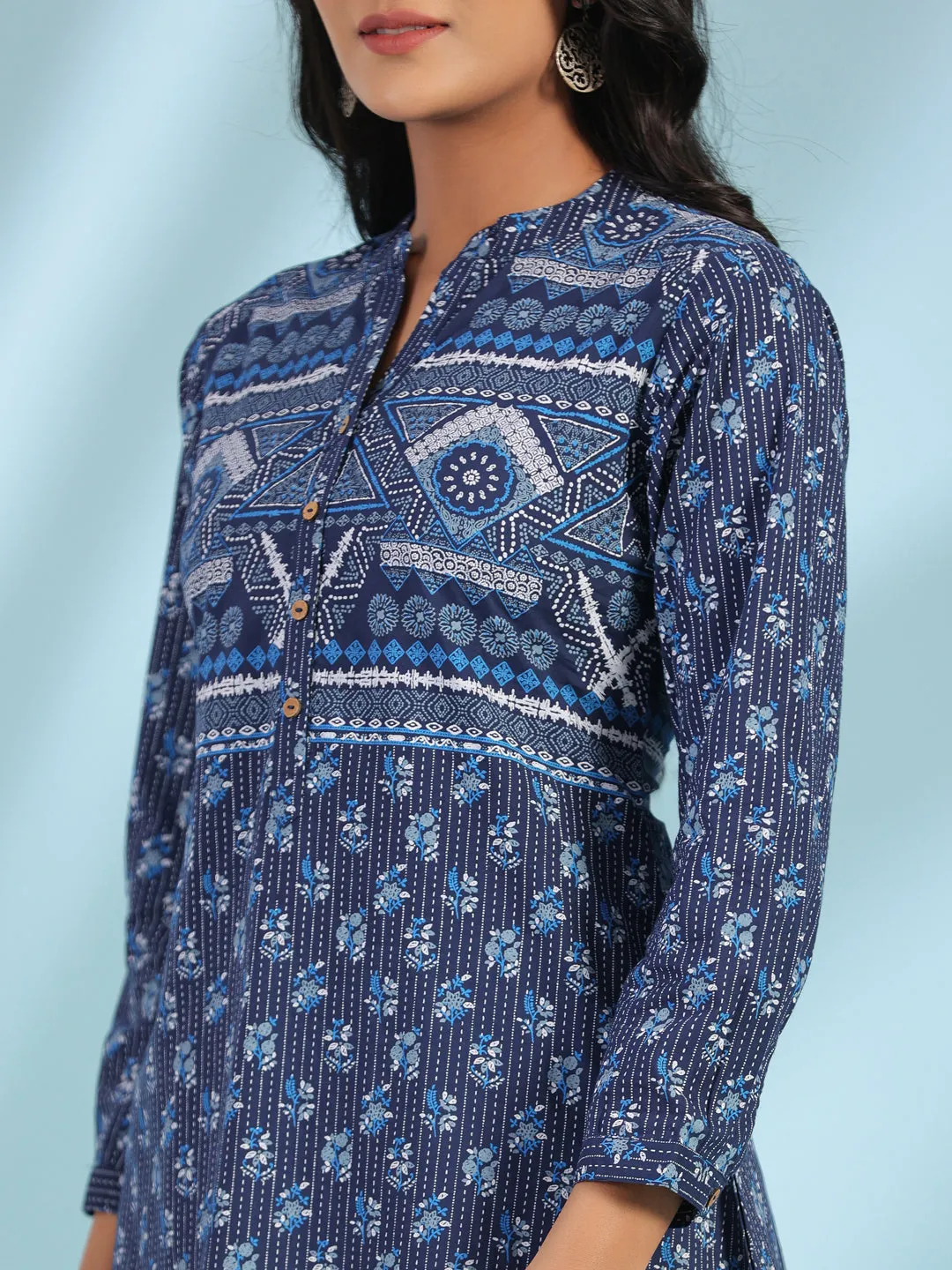 Jashvi The Madhubala Blue Geometric Printed Pure Cotton Tunic