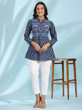 Jashvi The Madhubala Blue Geometric Printed Pure Cotton Tunic