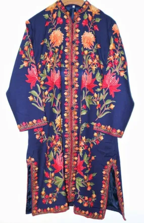 Kashmiri Woolen Coat Navy, Multicolor Embroidery #AO-134