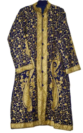 Kashmiri Woolen Coat Navy, Olive Green Embroidery #AO-1521