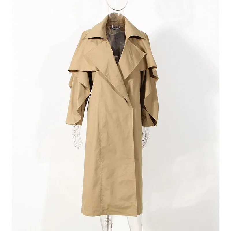 Khaki Ruffle Cloak Windbreaker For Women Notched High Waist Ruched Belt Bowknot Trench Coat Female Fashion