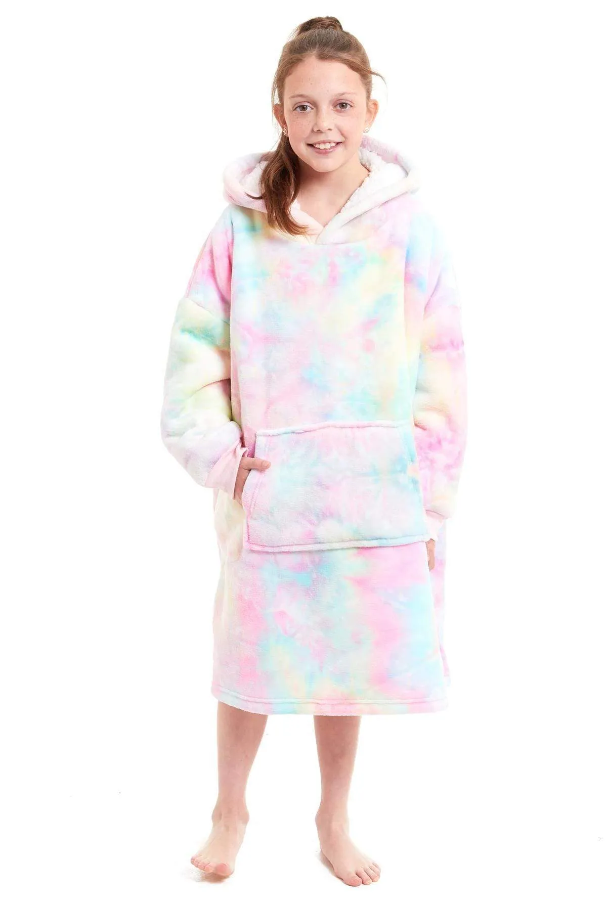 Kids Oversized Hooded Fleece Blanket Ultra-Soft Sherpa Fur with Elastic Cuffs and Double Pocket for Ages 8-15 by Daisy Dreamer