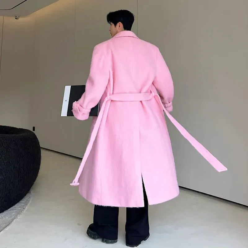 Korean Men Woolen Coat Casual Lapel Double Breasted Long Trench Solid Color Male Overcoat Belt Autumn Trend 9C2884