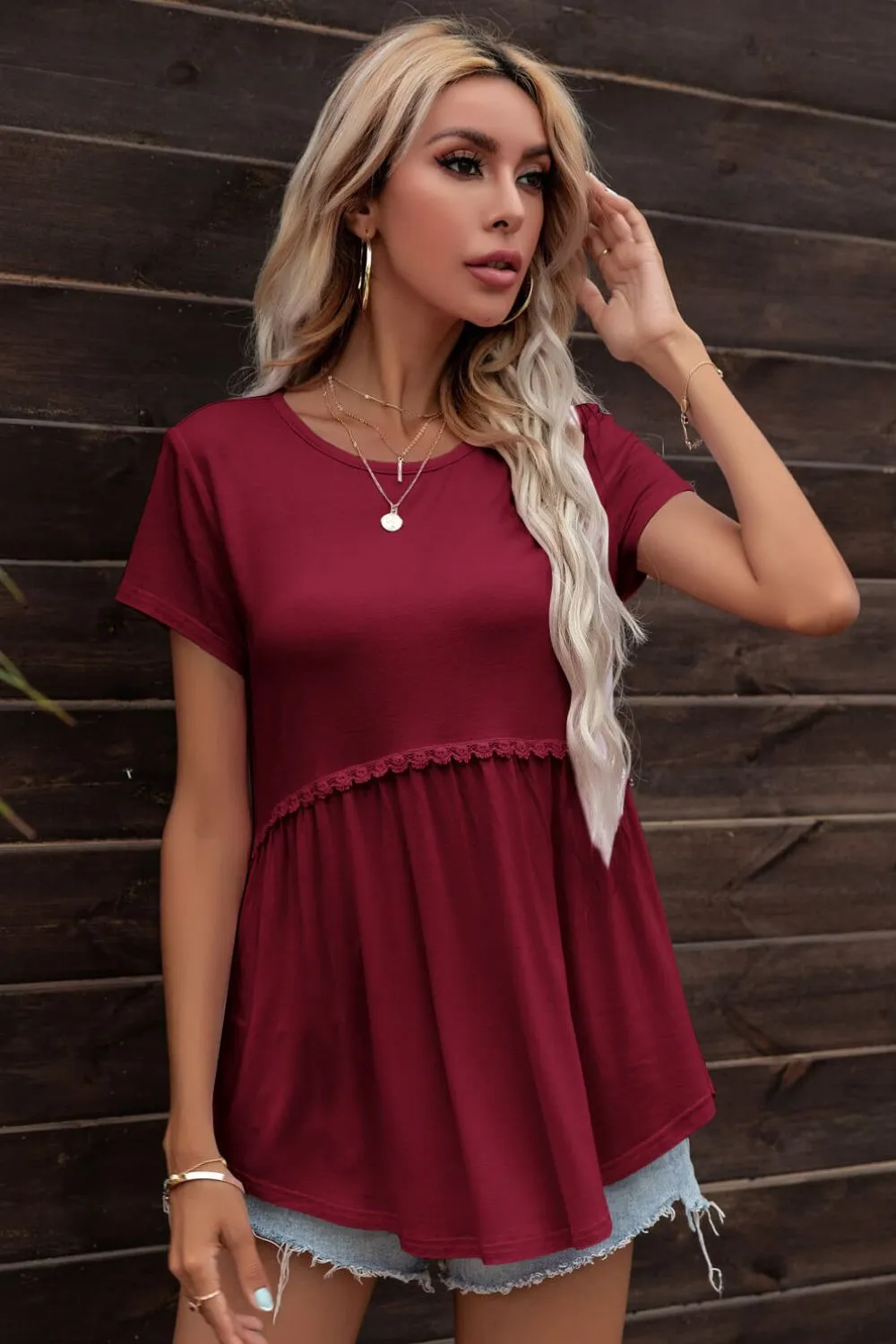 Lace Trim Round Neck Tunic Top