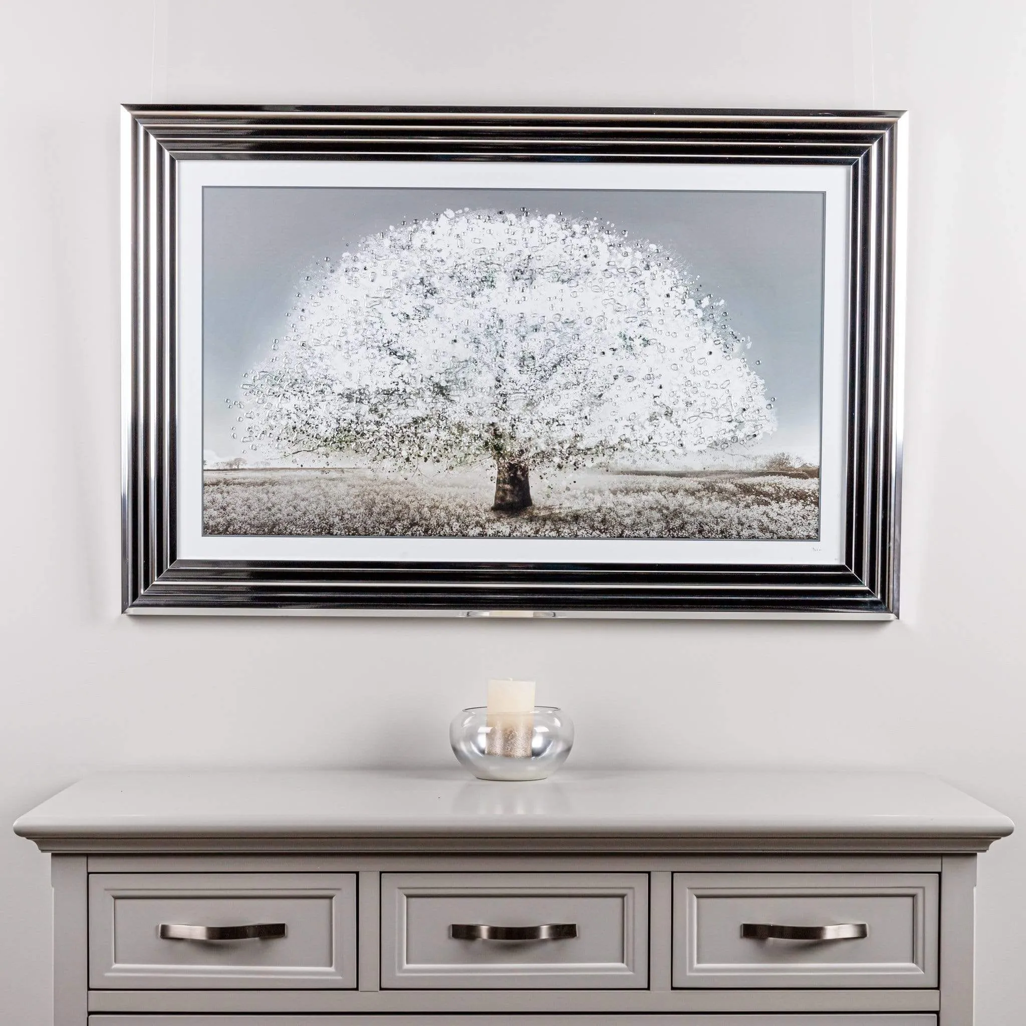 Large White Blossom Tree Framed Picture - 114 x 74cm