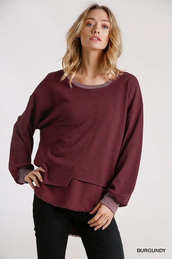 Layered Frayed Hem Top, Burgundy