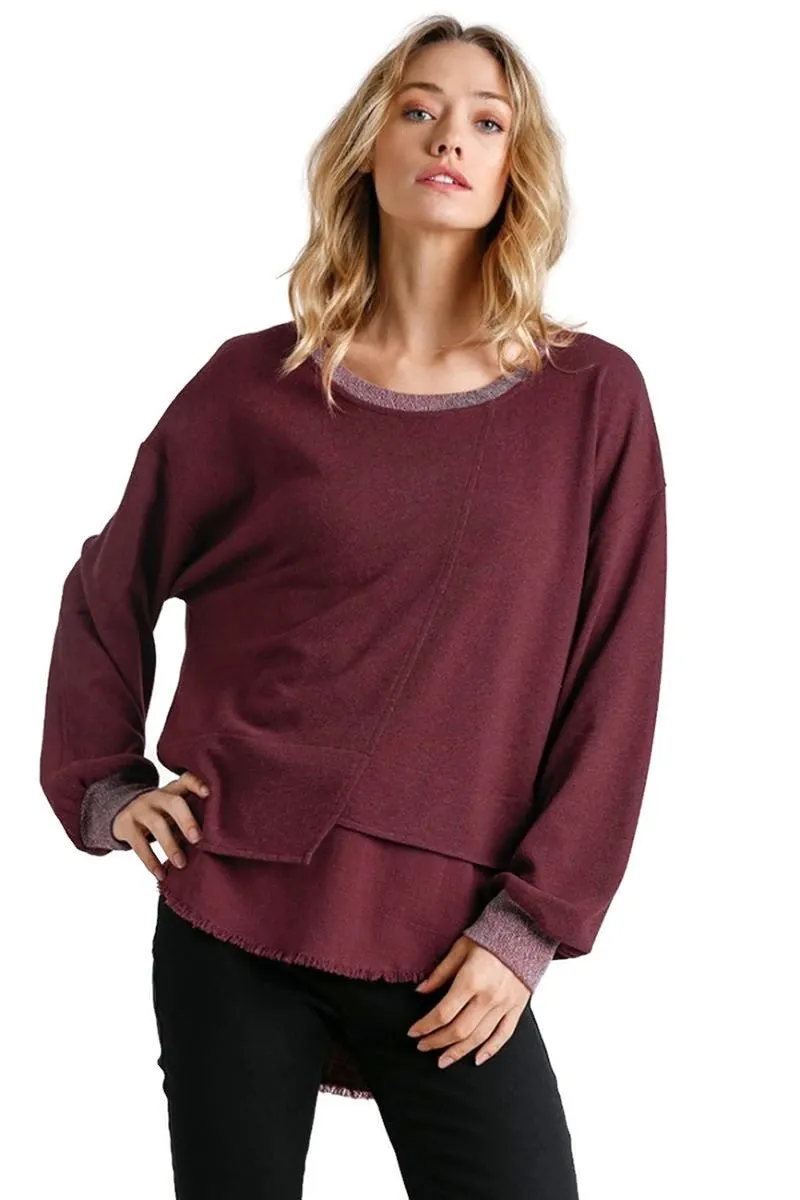 Layered Frayed Hem Top, Burgundy