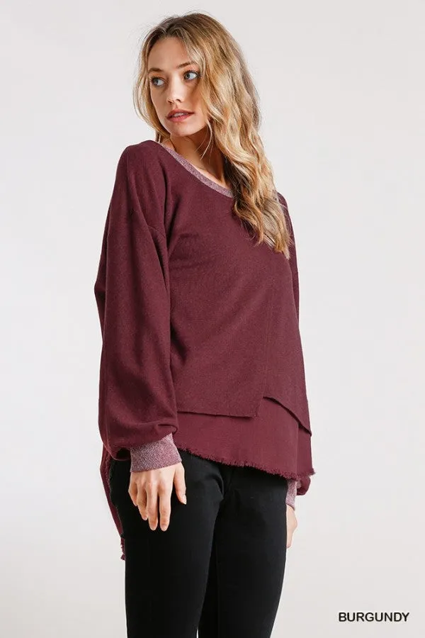 Layered Frayed Hem Top, Burgundy