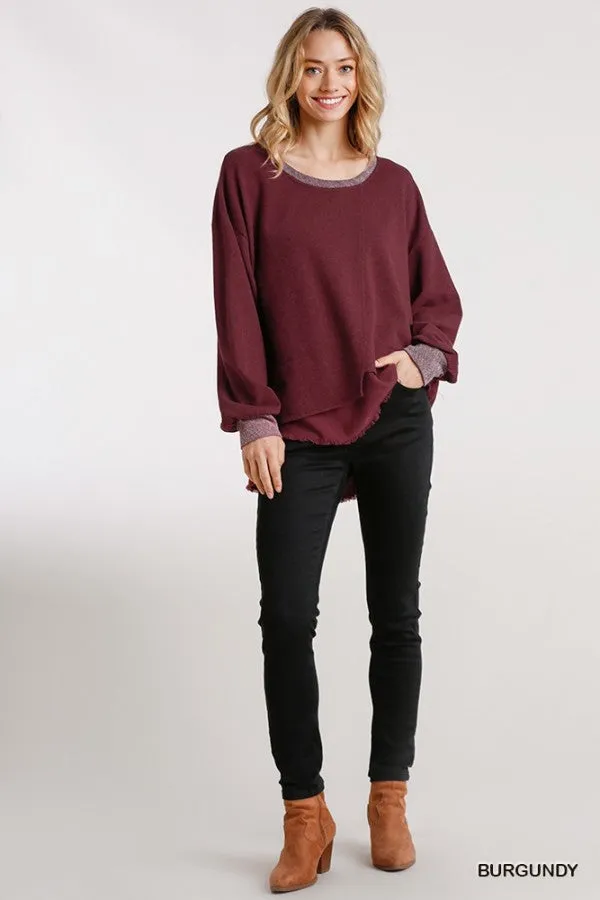 Layered Frayed Hem Top, Burgundy