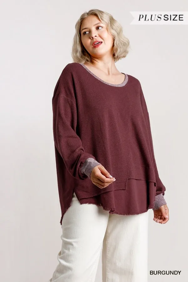 Layered Frayed Hem Top, Burgundy