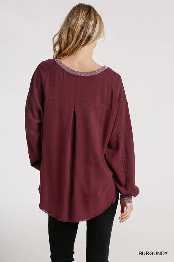 Layered Frayed Hem Top, Burgundy