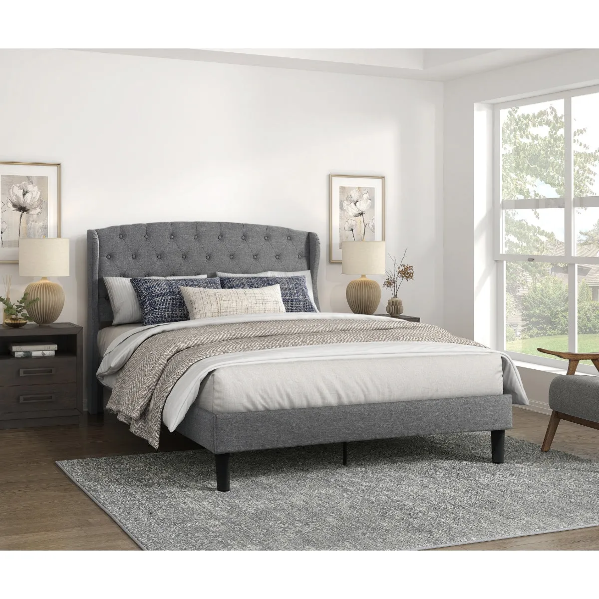 Light Grey Queen Upholstered Bed with Diamond Tuft Headboard