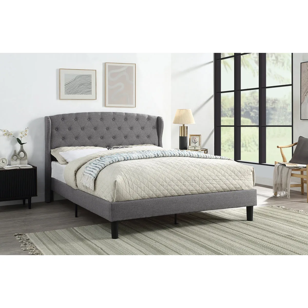 Light Grey Queen Upholstered Bed with Diamond Tuft Headboard