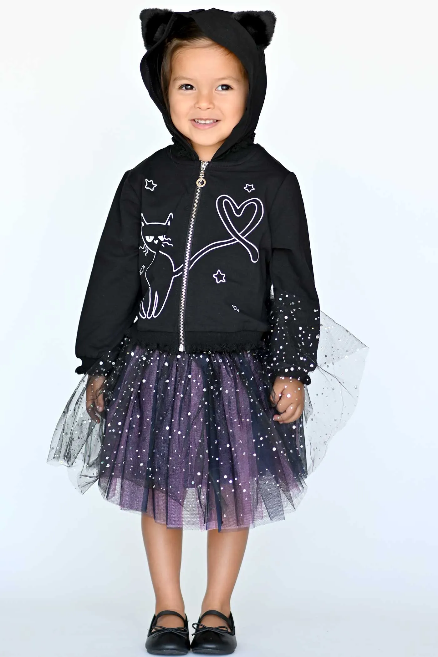 Little Girls Black Kitty Halloween Hoodie Jacket