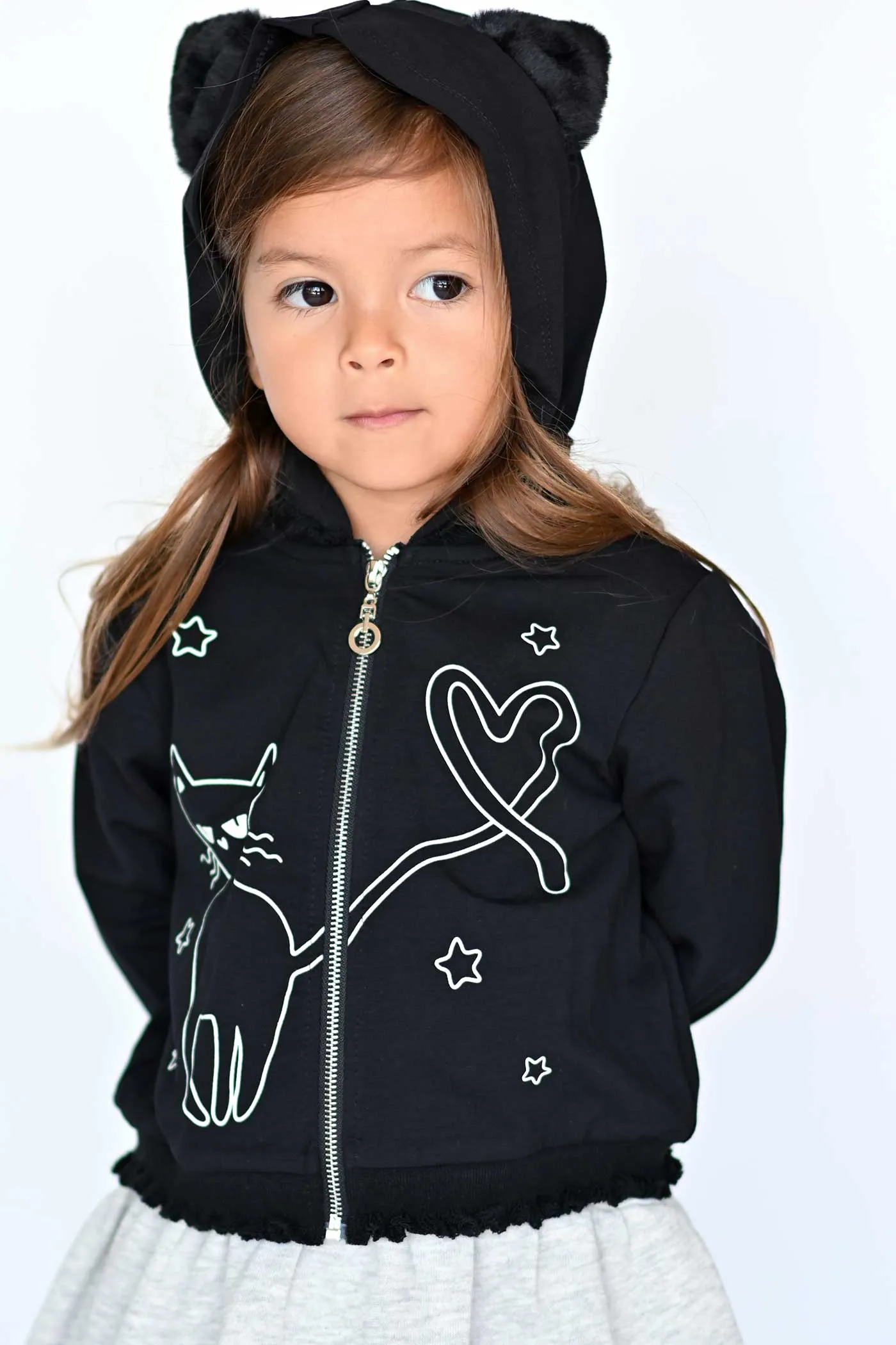 Little Girls Black Kitty Halloween Hoodie Jacket