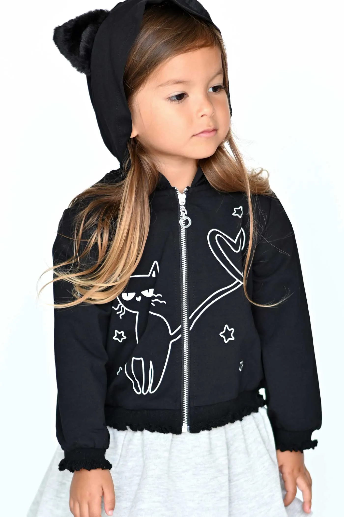 Little Girls Black Kitty Halloween Hoodie Jacket