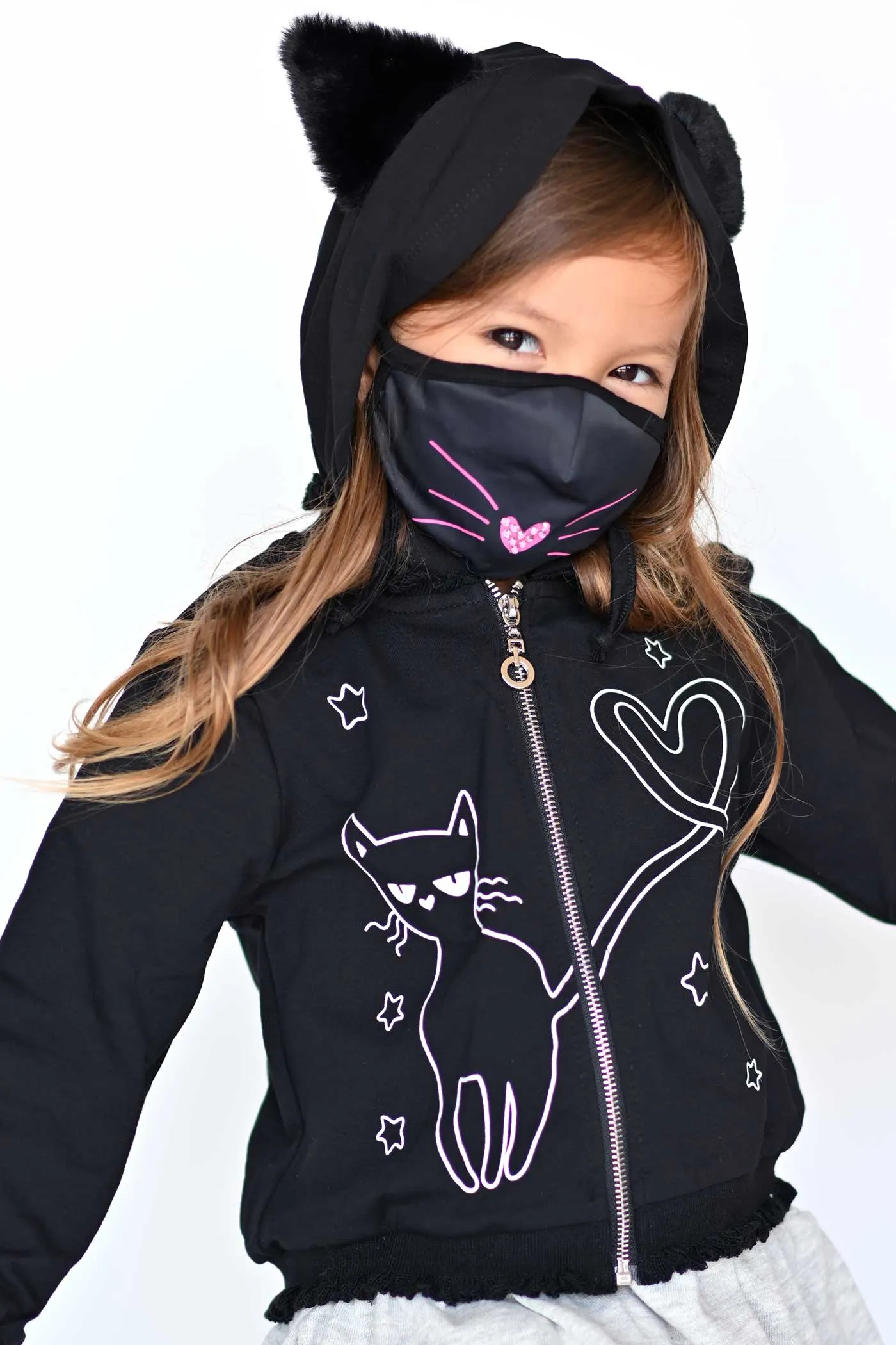 Little Girls Black Kitty Halloween Hoodie Jacket