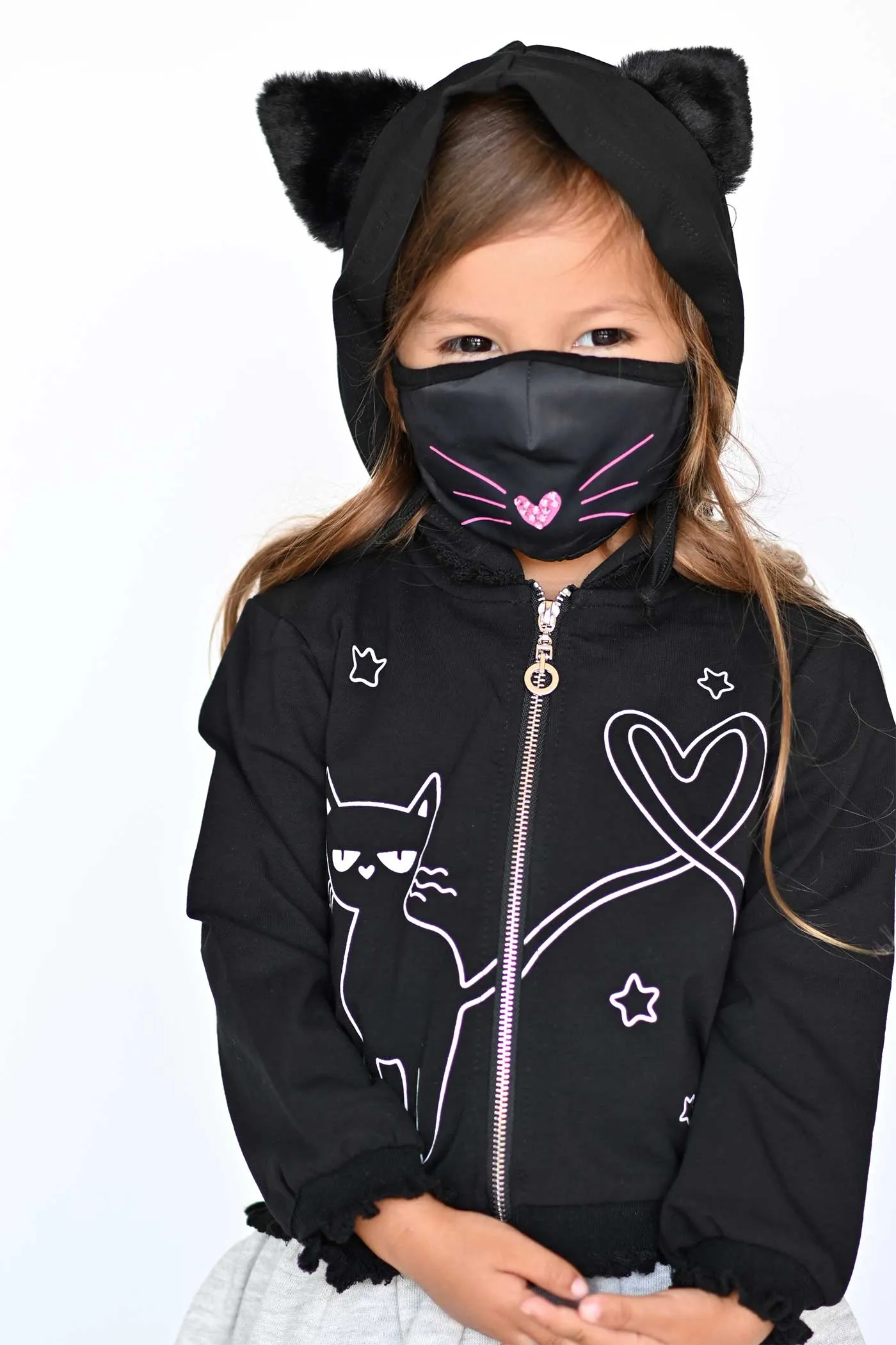 Little Girls Black Kitty Halloween Hoodie Jacket