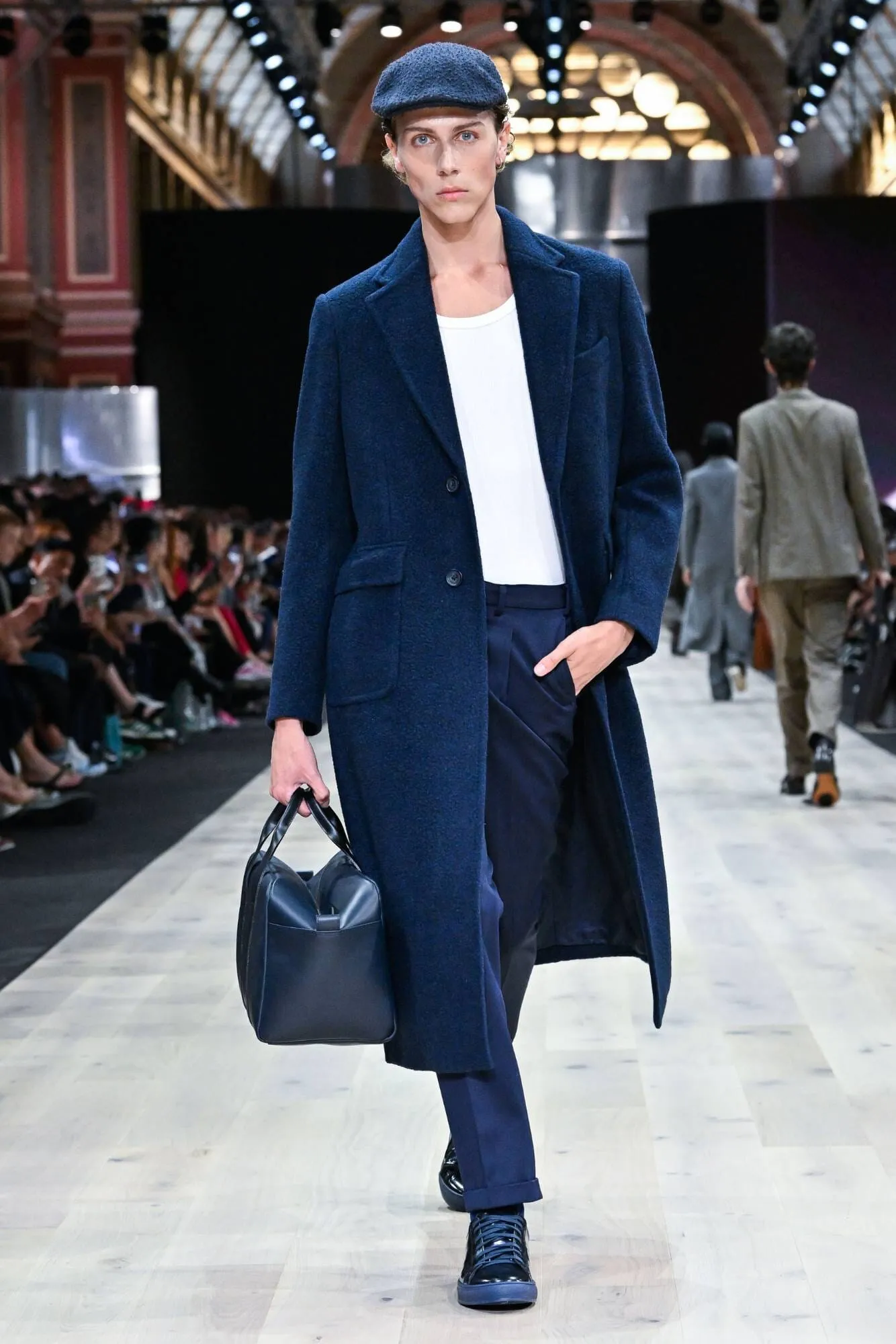 LOOK 10 - Long Carter Coat in Boiled Navy Wool and Navy Wool Gabardine Cali Trousers   The Marais Sneaker in Navy Patent Leather