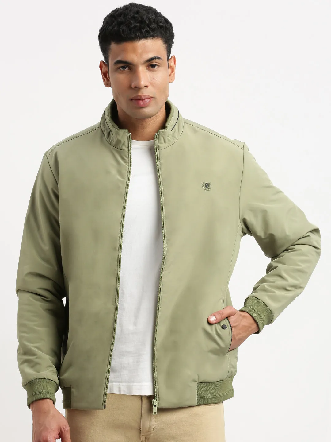 Men Mock Collar Green Solid Bomber Jacket