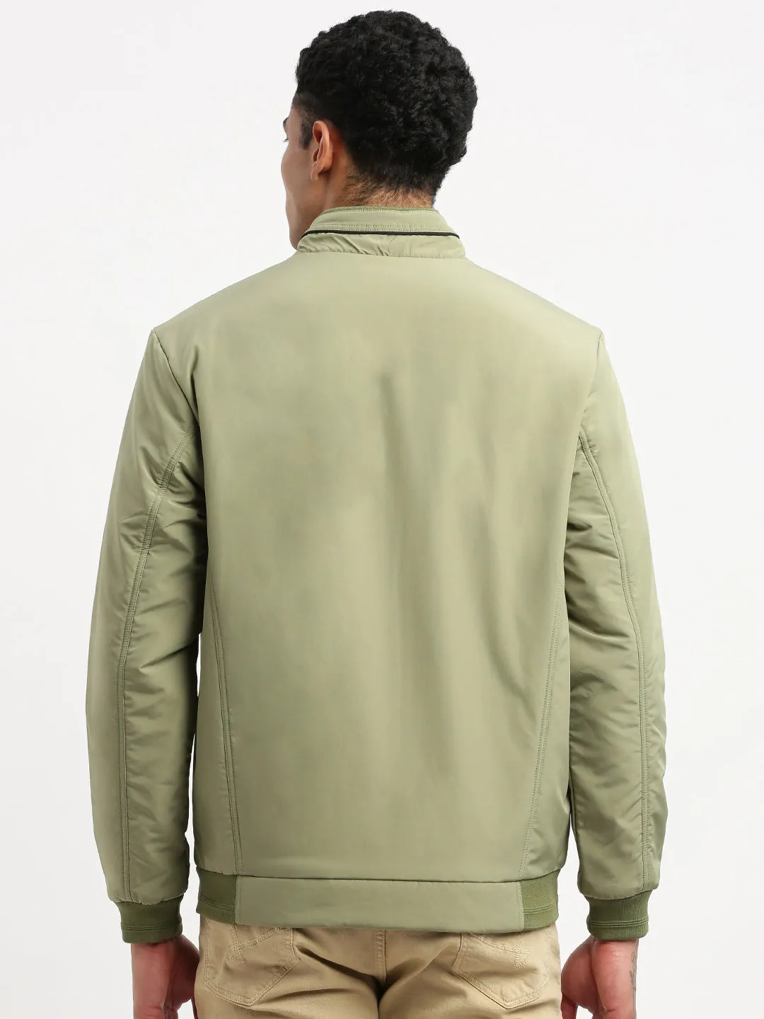 Men Mock Collar Green Solid Bomber Jacket