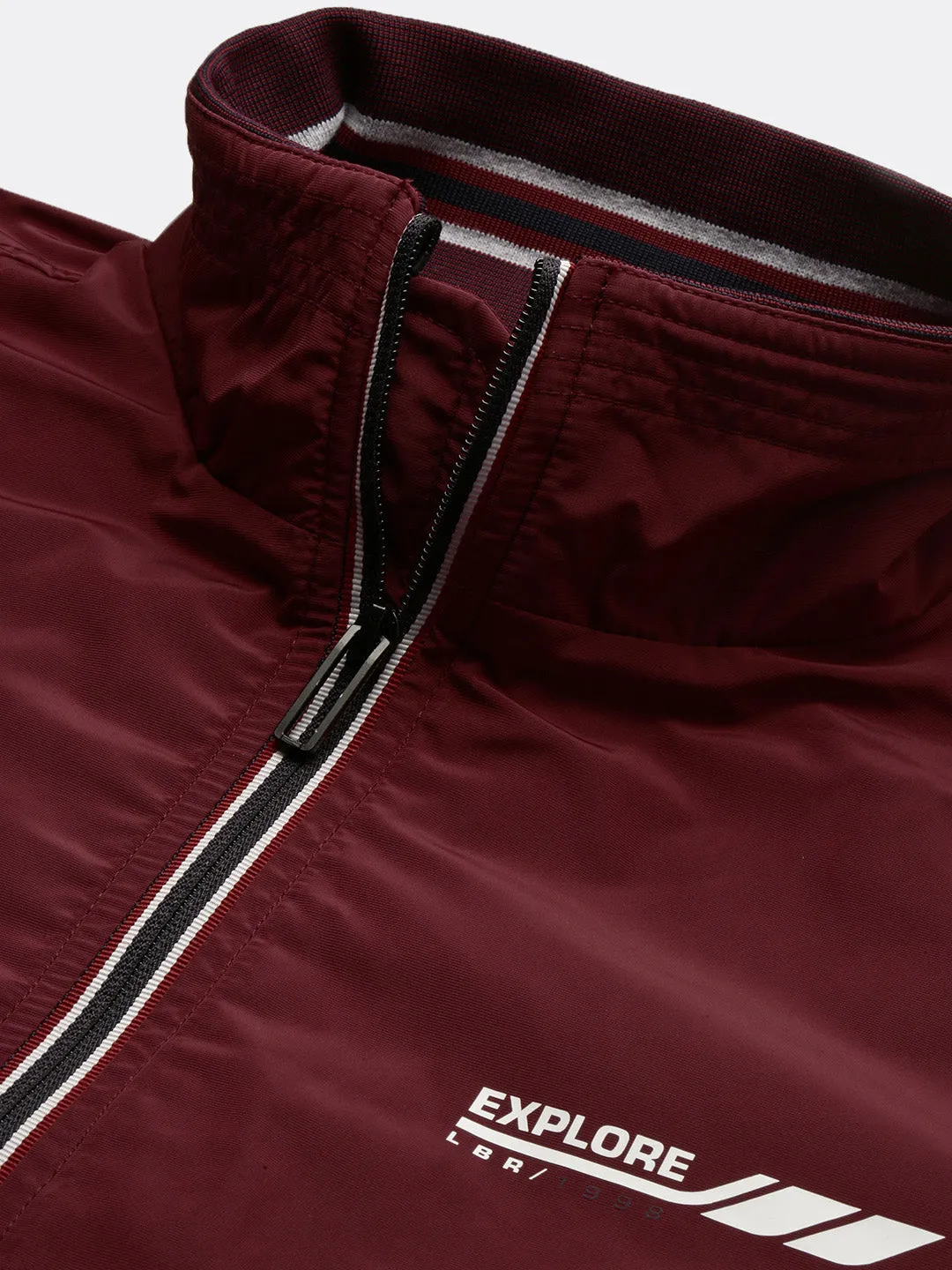 Men Solid Mock Collar Maroon Bomber Jacket