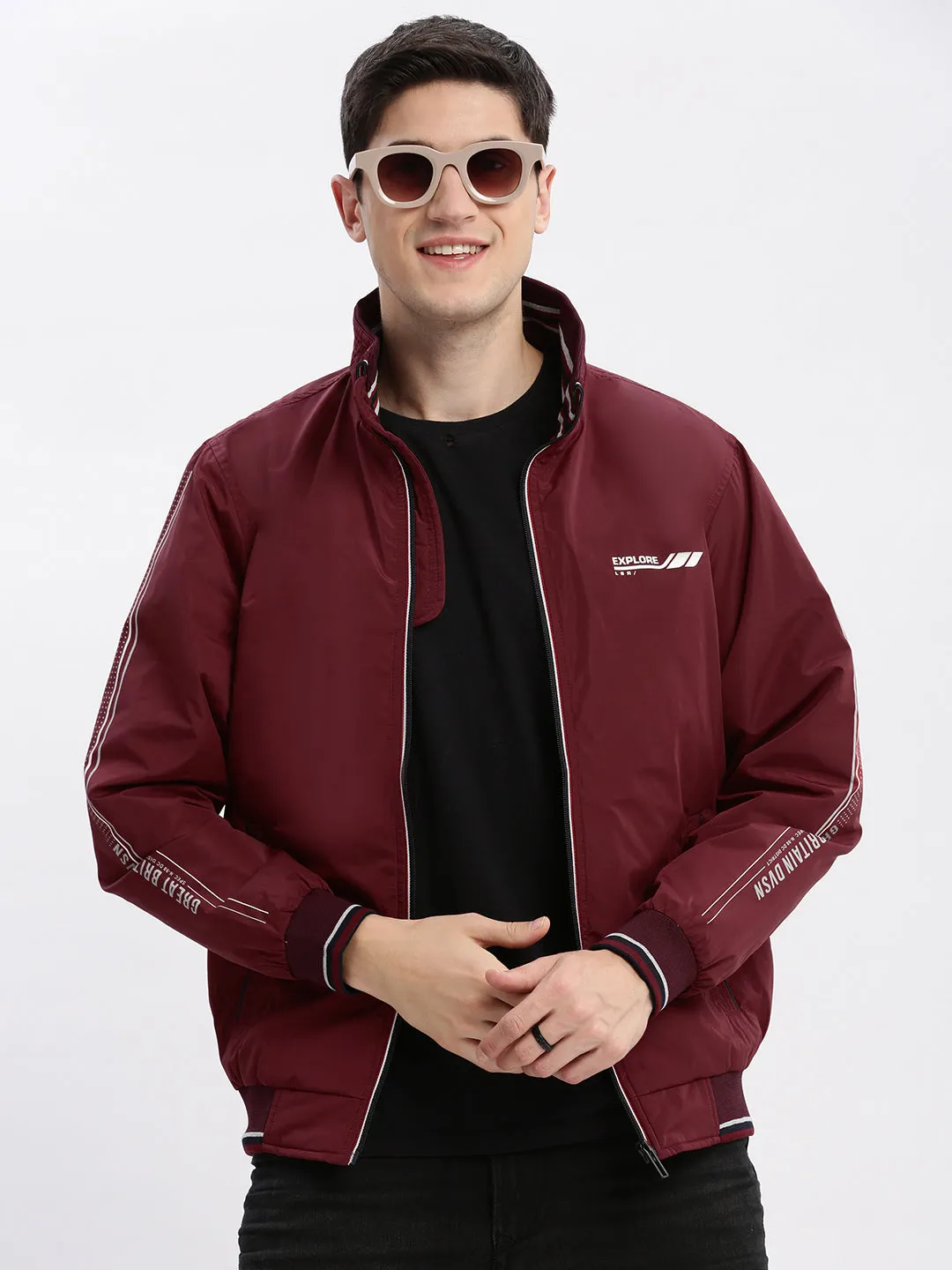 Men Solid Mock Collar Maroon Bomber Jacket