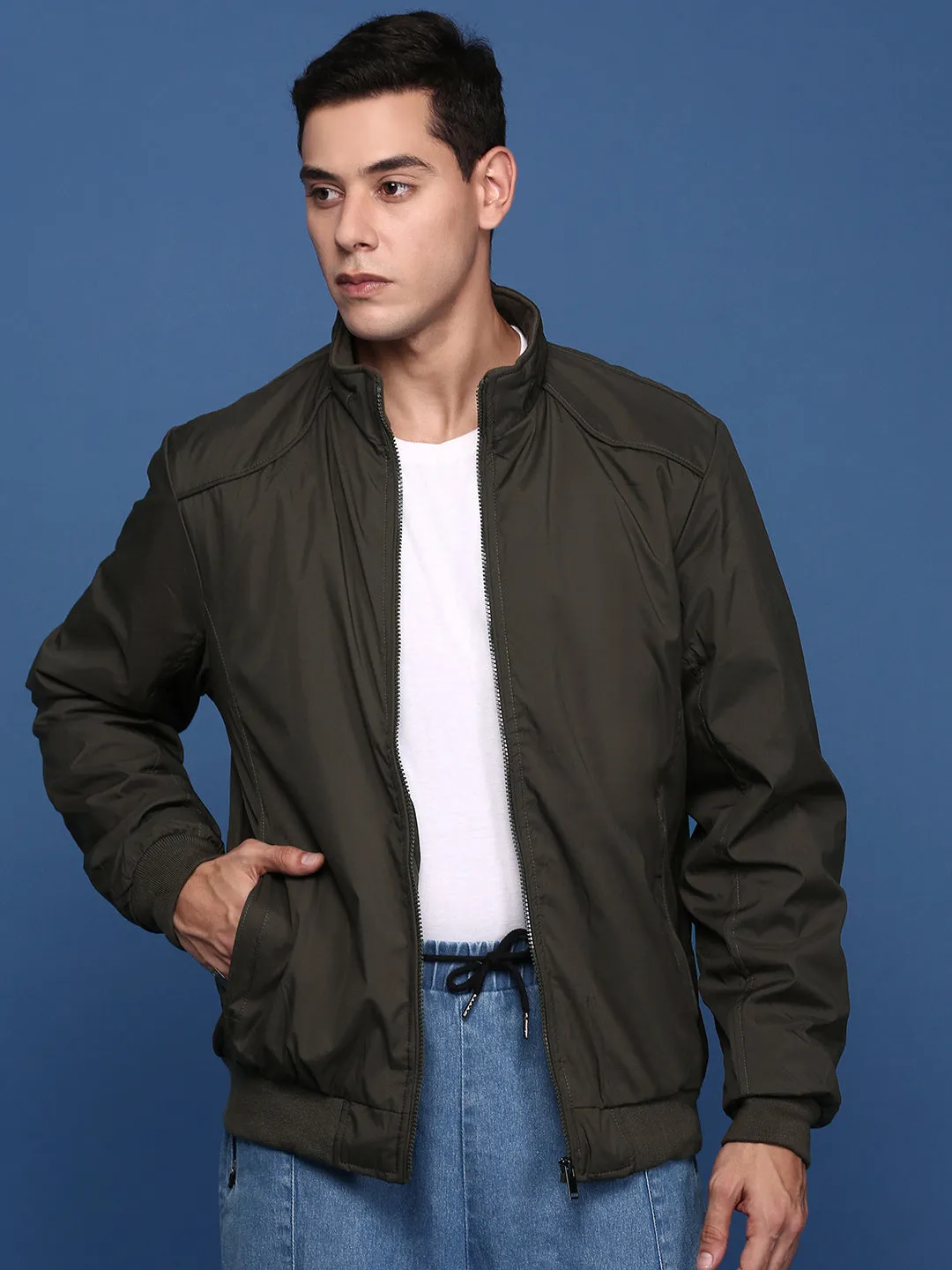 Men Solid Olive Bomber Jacket