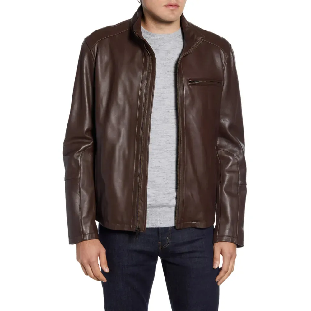 Mens Brown Lambskin Leather Moto Jacket